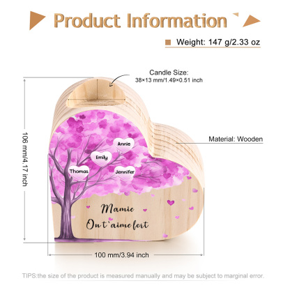 À Ma Maman/Mamie - Bougeoir en Bois Arbre 4 Prénoms et 1 Texte Personnalisés pour Famille sans bougie