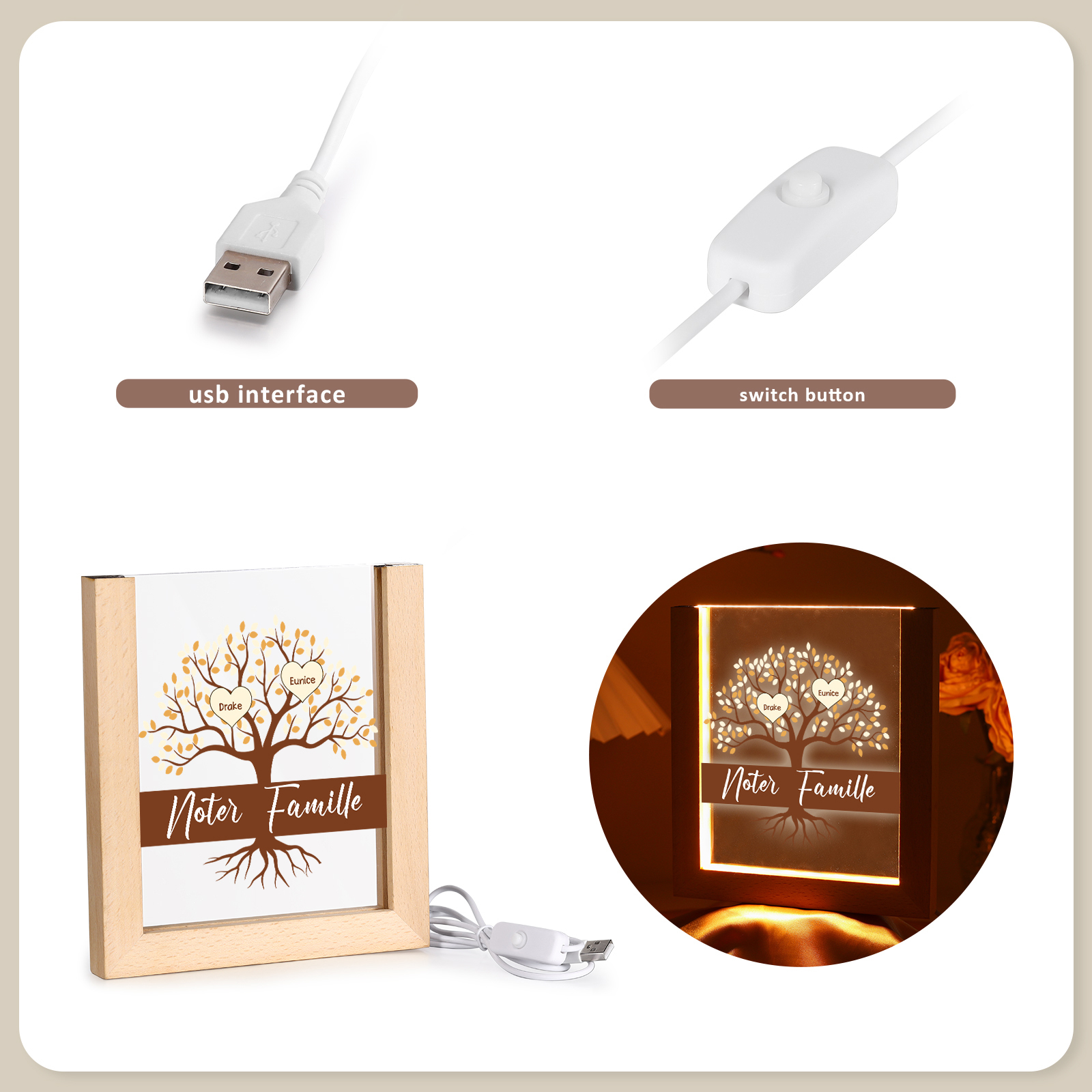 À Maman/Mamie - Lampe de chevet LED Arbre 2 Prénoms Personnalisés avec 1 Texte