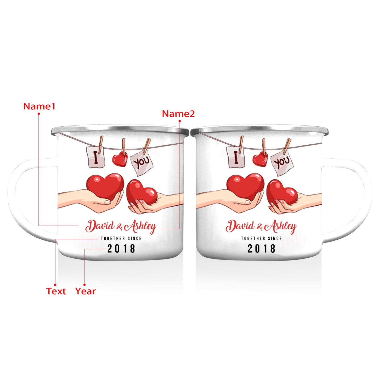 Tasse émaillée 2 Prénoms Personnalisés avec Texte et Année pour Couple