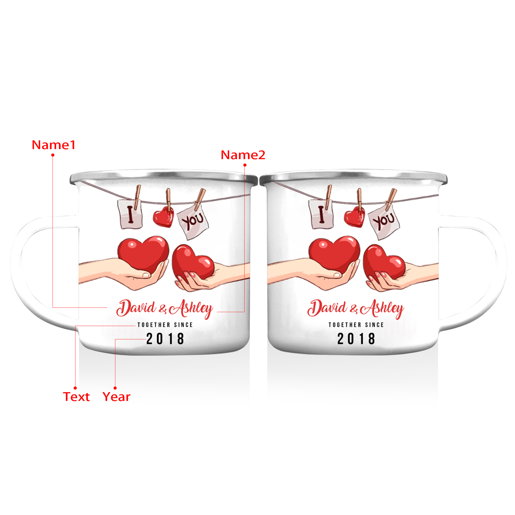Tasse émaillée 2 Prénoms Personnalisés avec Texte et Année pour Couple