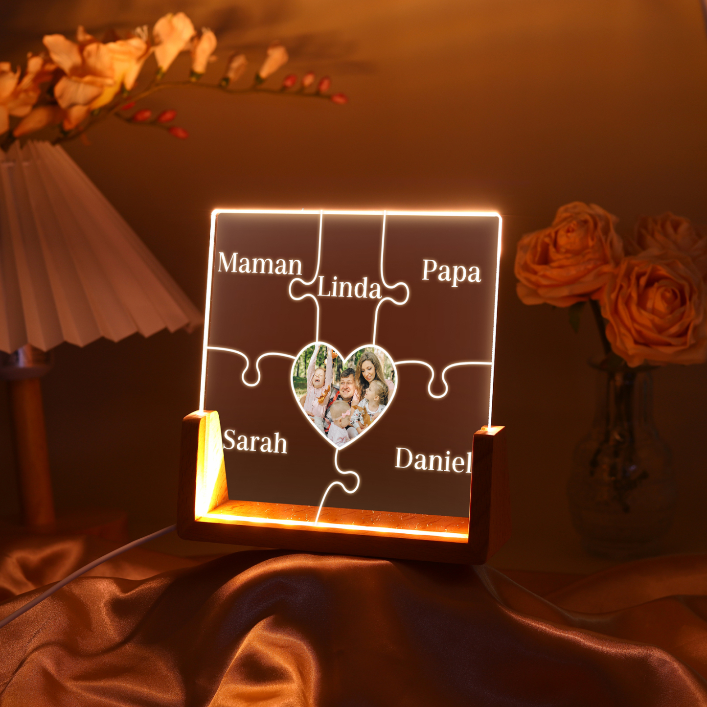 Lampe de chevet LED Puzzles 5 Prénoms Personnalisés avec Photo pour Famille