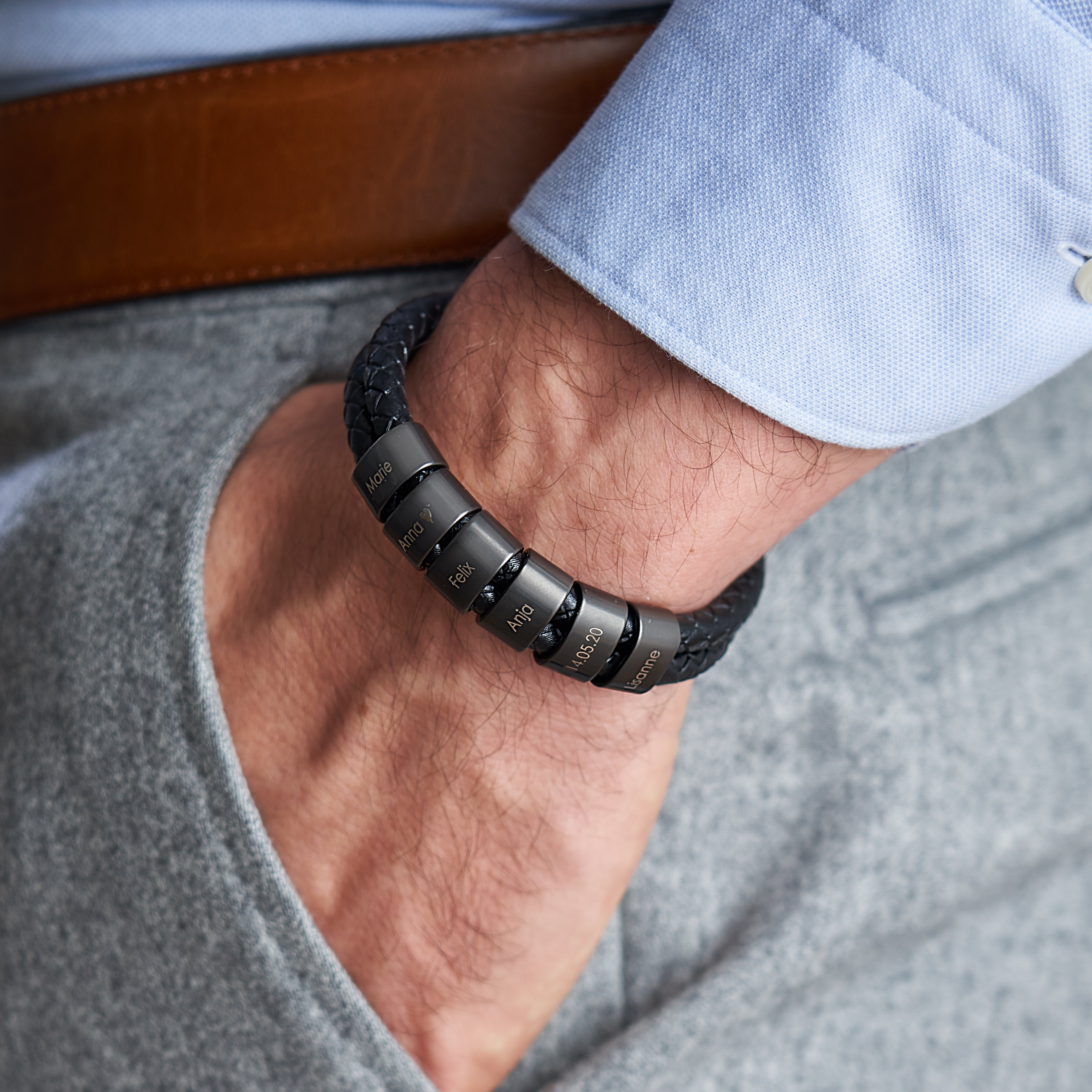 Bracelet Cuir tressé 2 Perles Prénom Personnalisé Bracelet Homme