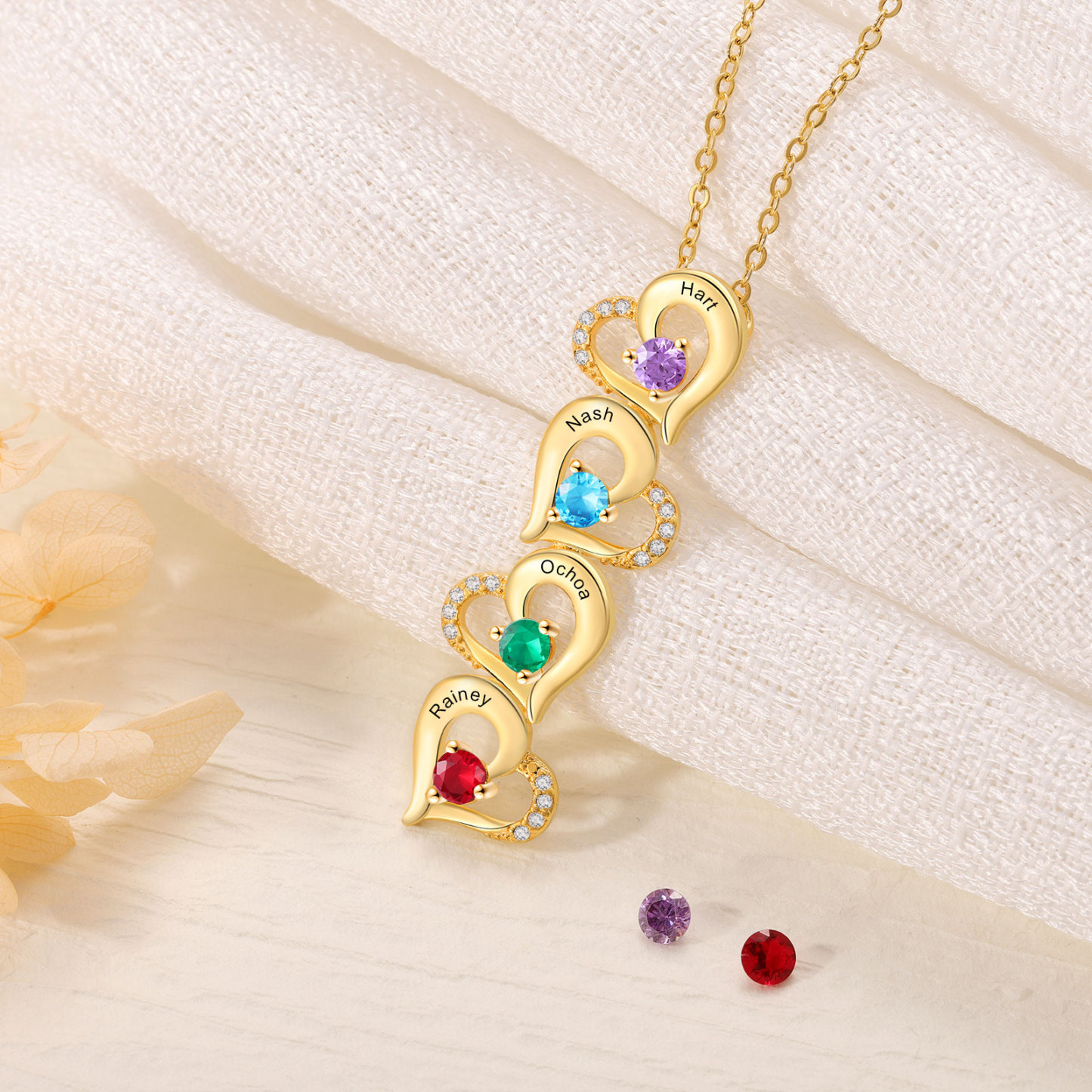 Collier Pendentif Cœur 4 Prénoms Personnalisés avec Pierre de naissance pour Femmes