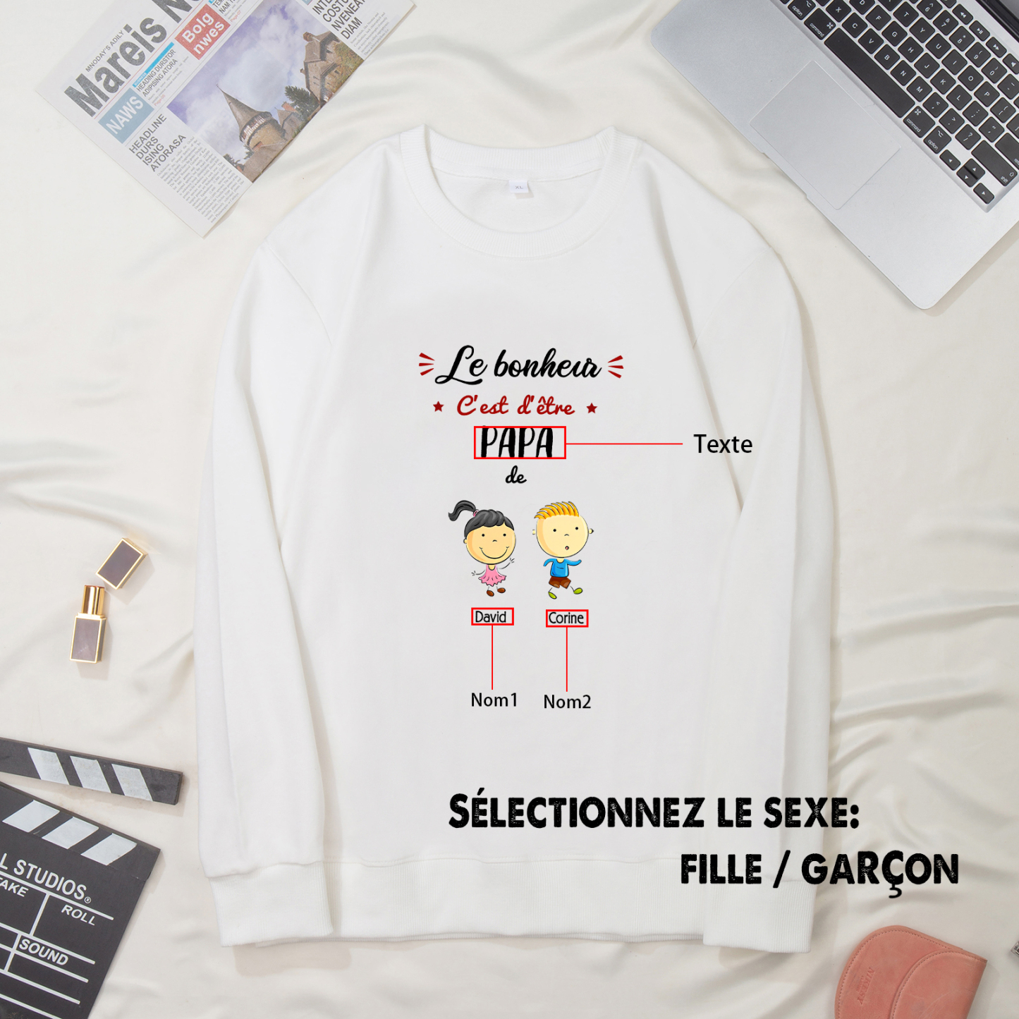 Sweat-Shirt 2 Enfants 2 Prénoms Personnalisés avec Texte