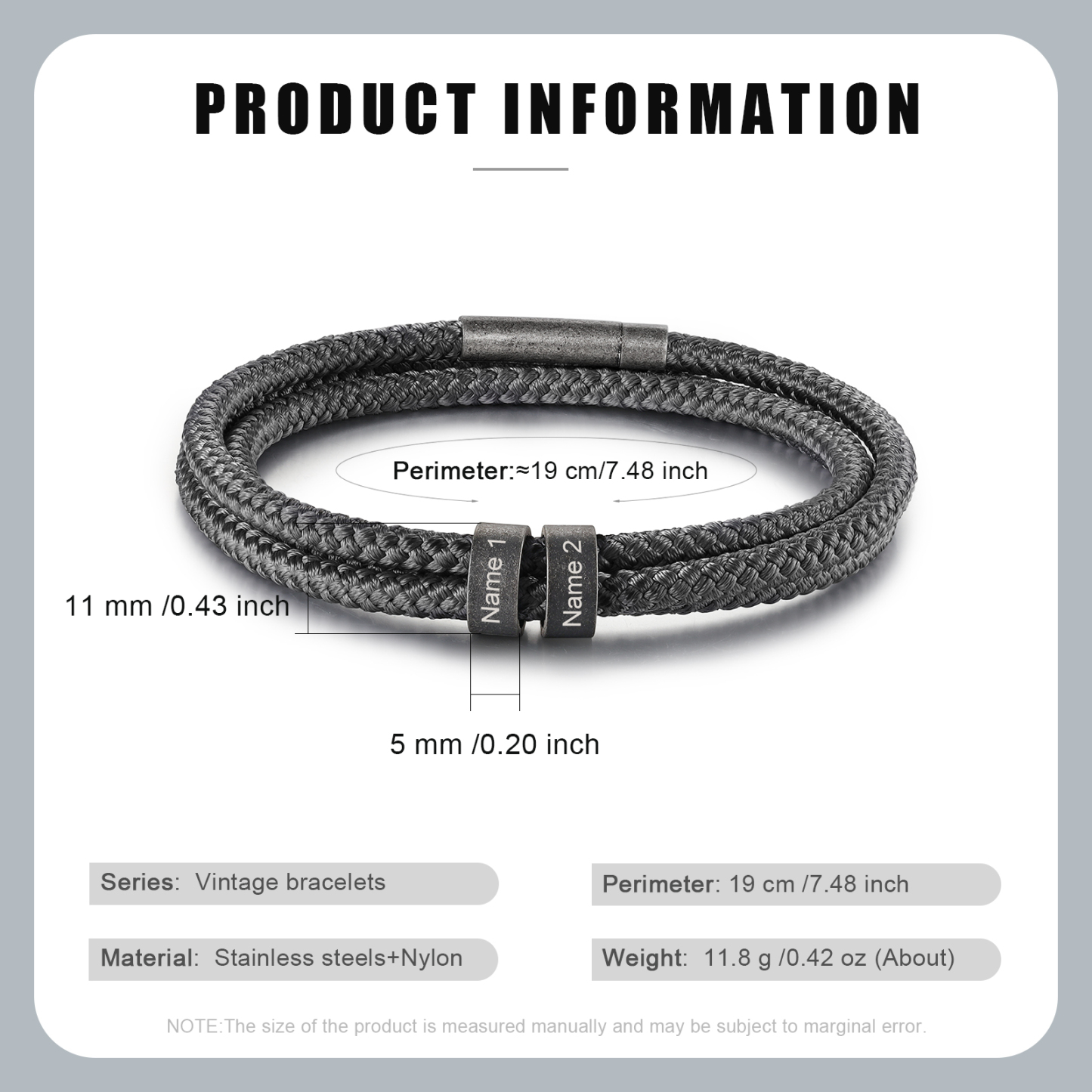 2-4 Noms Bracelet Vintage Personnalisés Bracelet Homme en Corde Gris