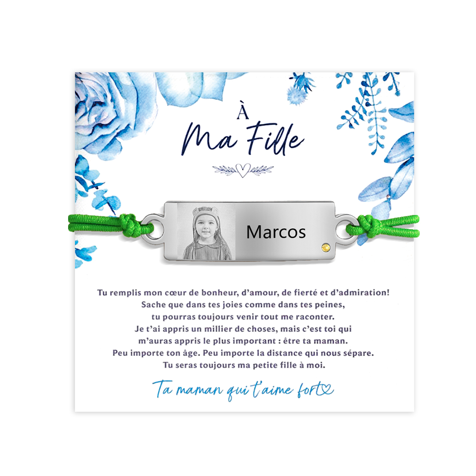 À Ma Fille - Bracelet Prénom et Photo Personnalisés avec Pierre de Naissance Corde élastiques - Cadeau Rentrée Scolaire