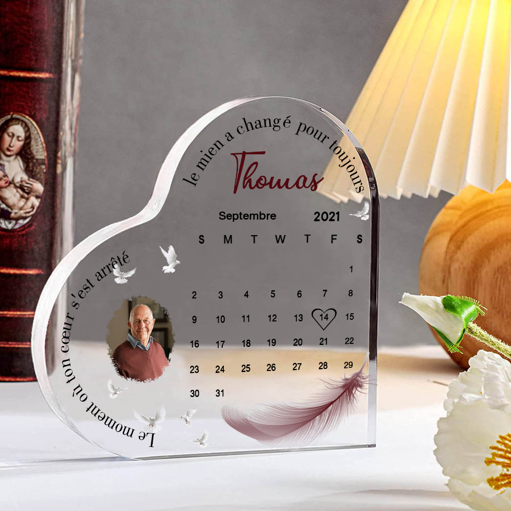 Plaque Acrylique en Forme de Cœur Commémorative 1 Prénom et Date Personnalisés avec Photo