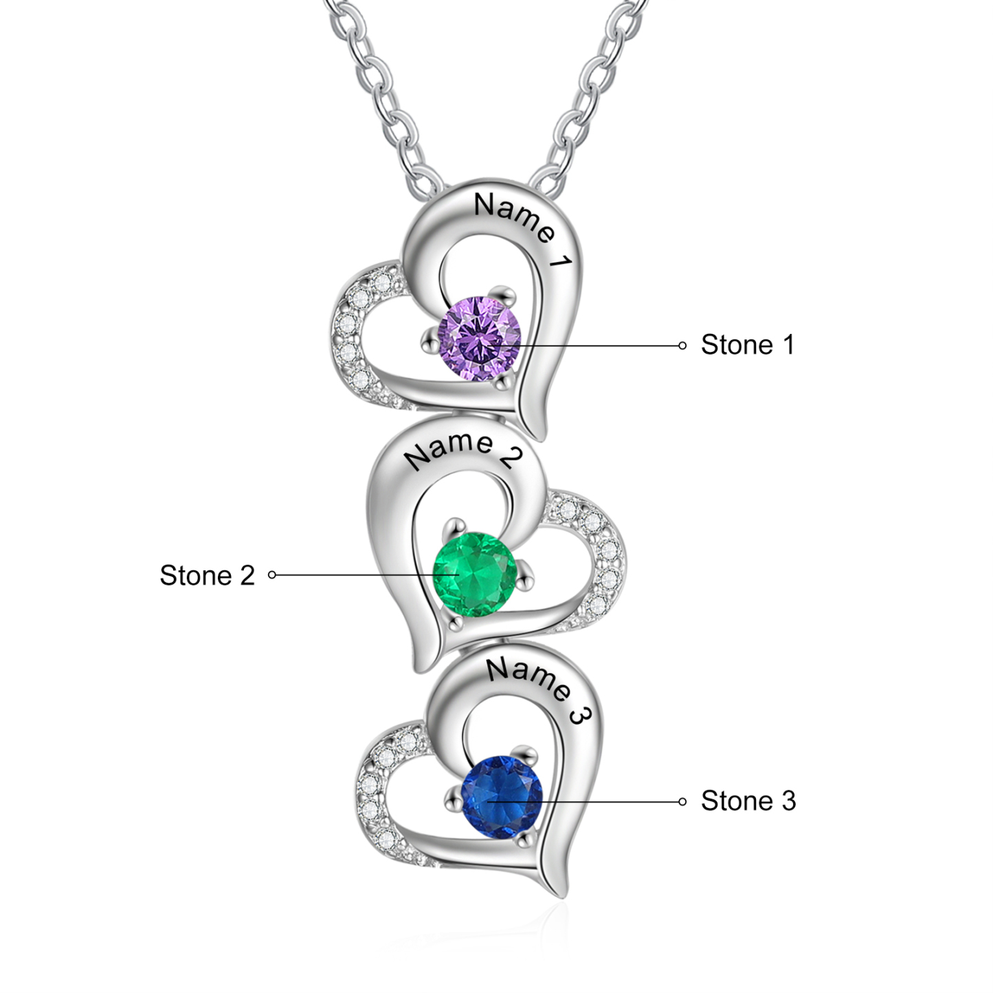 Collier 3 Prénom Personnalisé Pendentif Cœur avec 3 Pierre de Naissance