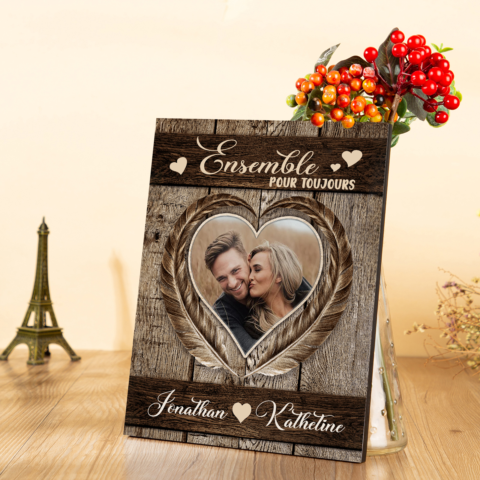 Cadre en Bois 2 Prénoms Personnalisés avec Photo pour Couple Cadeau Saint Valentin