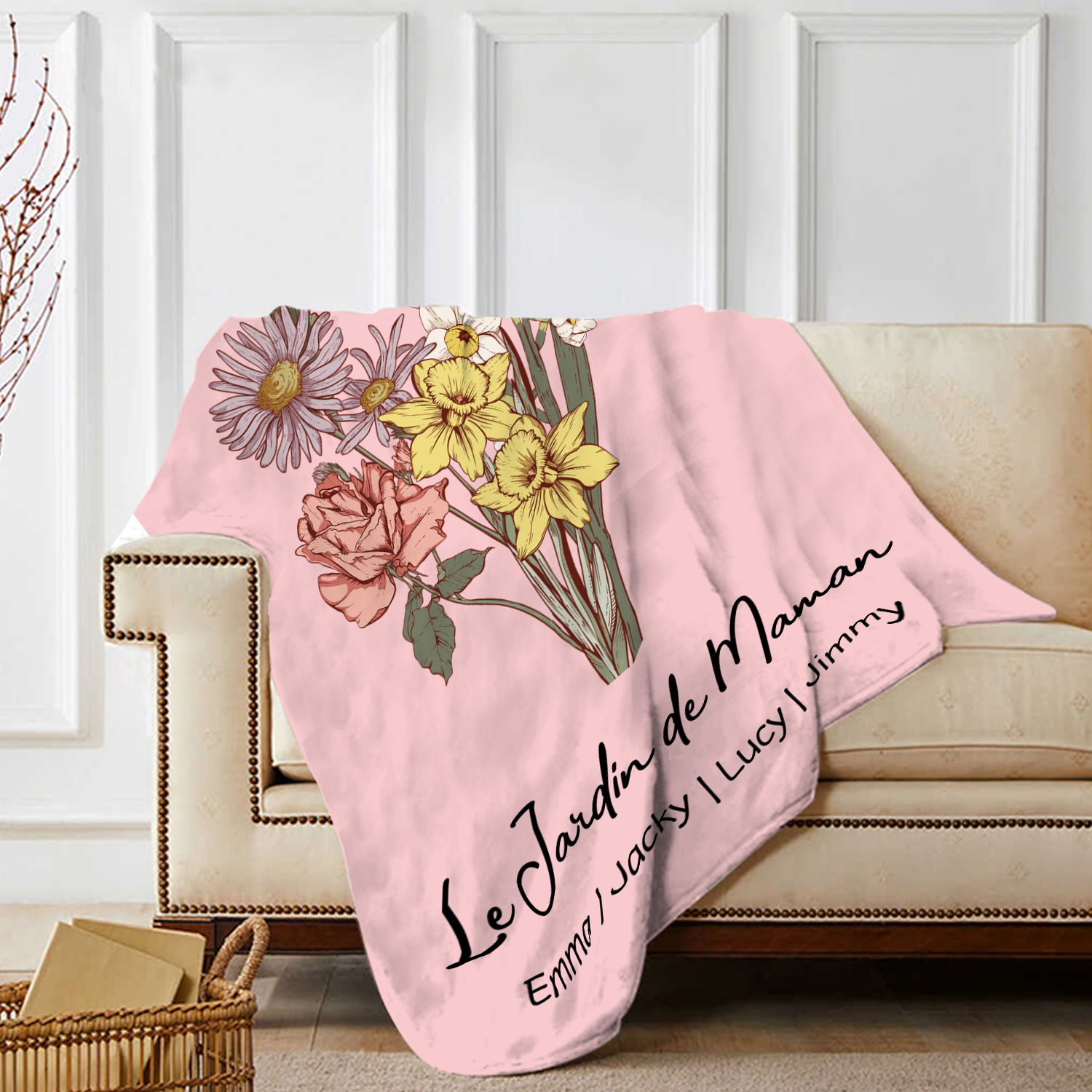 À ma Maman - Plaid Personnalisé avec 4 Prénoms et Fleurs de Naissance Couverture en Flanelle Blanc/Rose le jardin de Maman | Jessemade