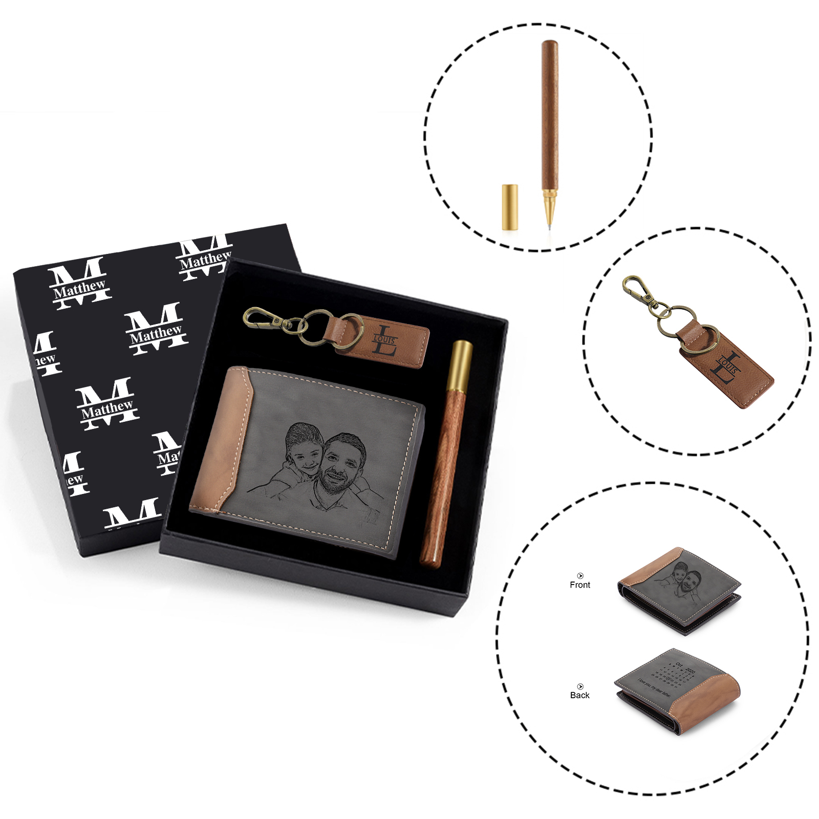 Coffret Cadeau 3PCS - Portefeuille classique Porte-Clés et Stylo 2 Prénoms et 2 Lettres Personnalisés avec 1 Photo Texte et Année Coffret Cadeau pour Homme
