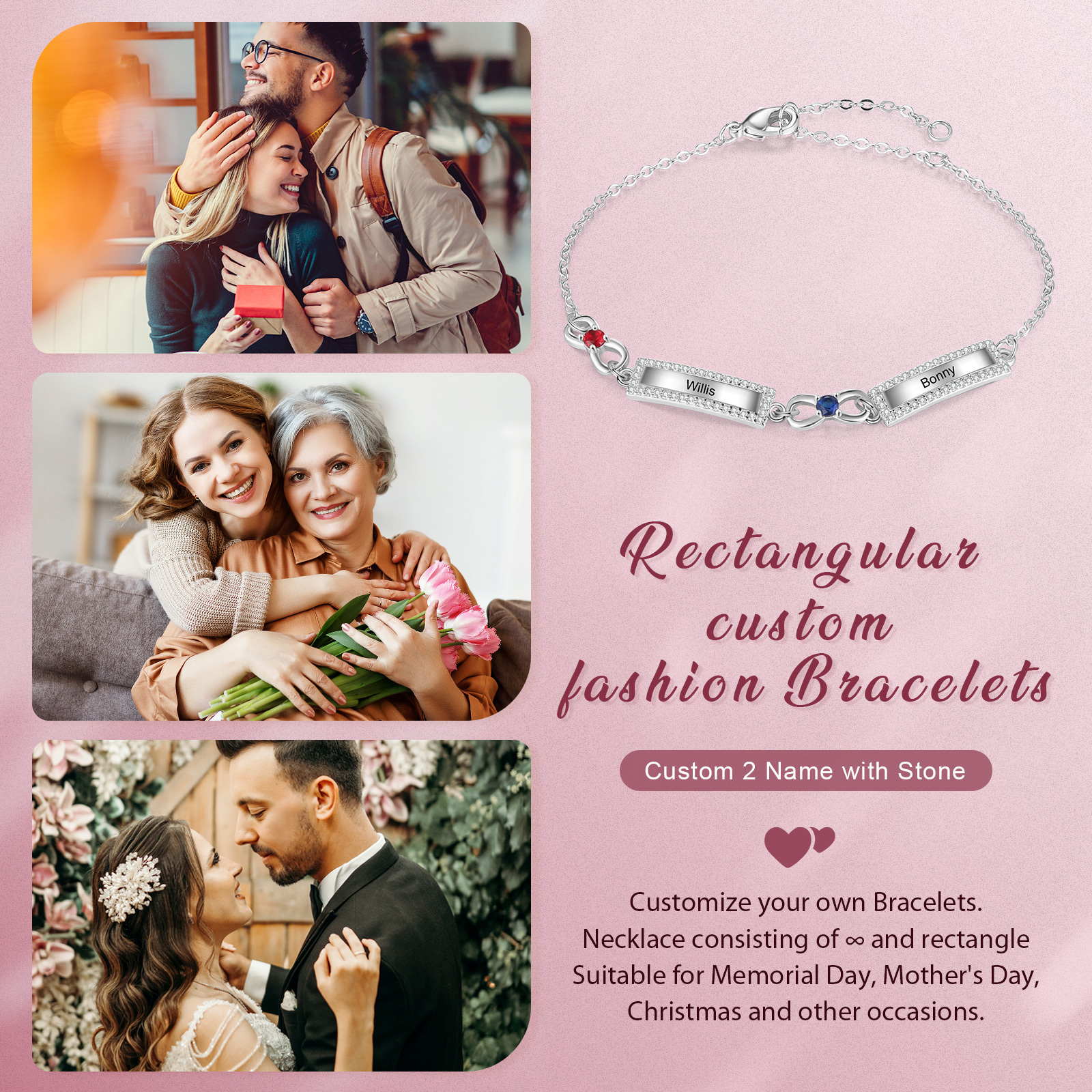 Bracelet Infini 2 Prénoms Personnalisé avec 2 Pierres de Naissance