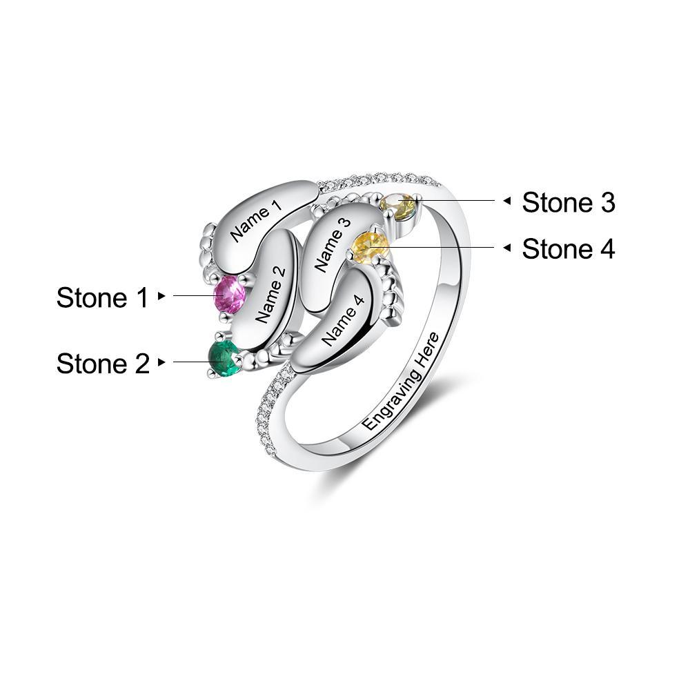 Bague Pieds de Bébé Prénom Personnalisée Gravée 4 Pierres de Naissance