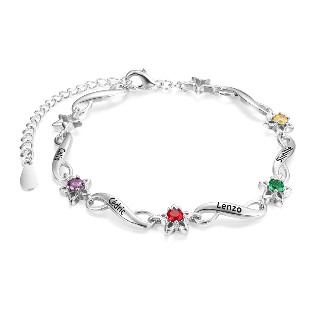 Bracelet infini à Breloque 4 Prénom Personnalisé avec 4 Pierre de Naissance