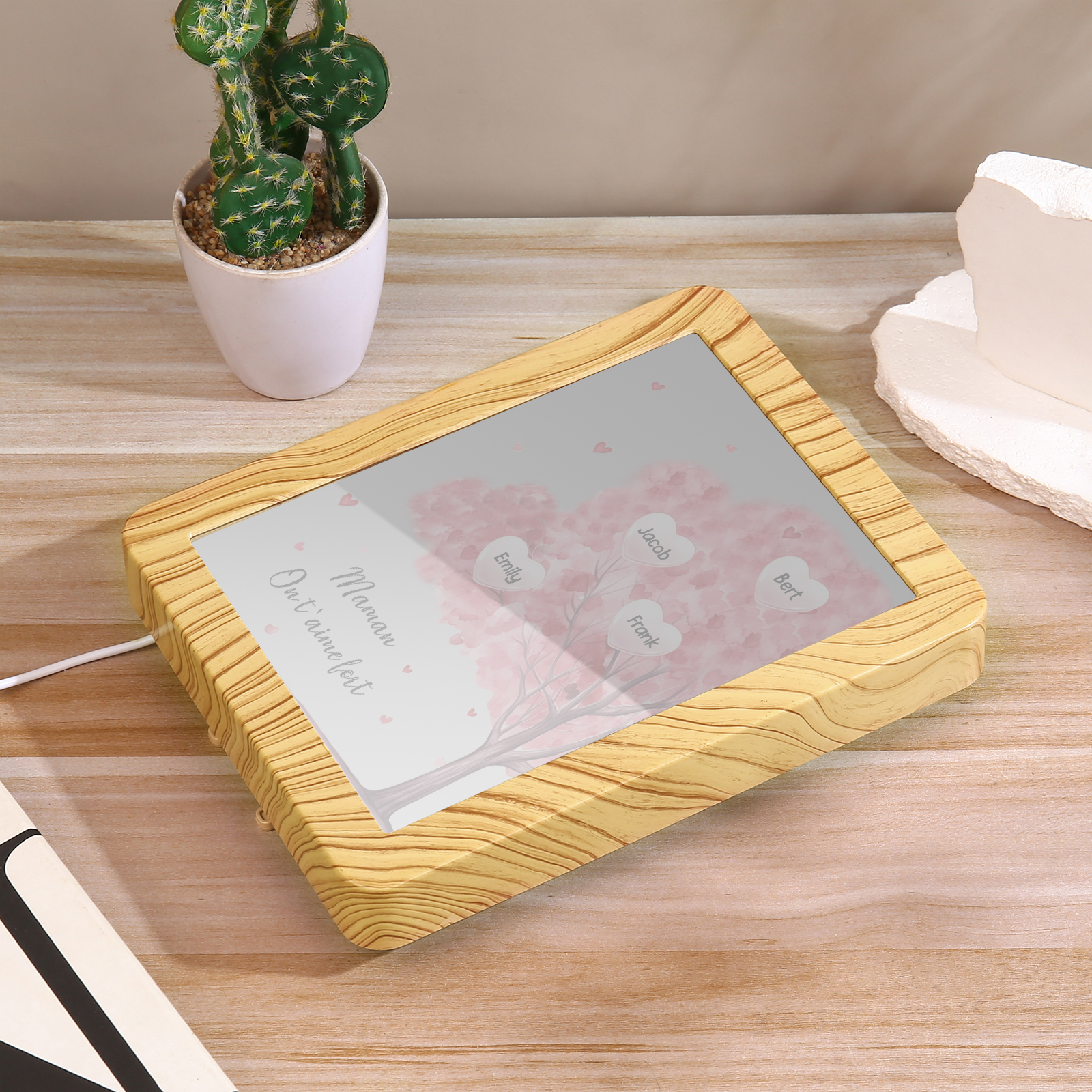 Cadre Photo/Miroir LED Multifonctionnel Arbre 4 Prénoms Personnalisés avec Texte pour Famille