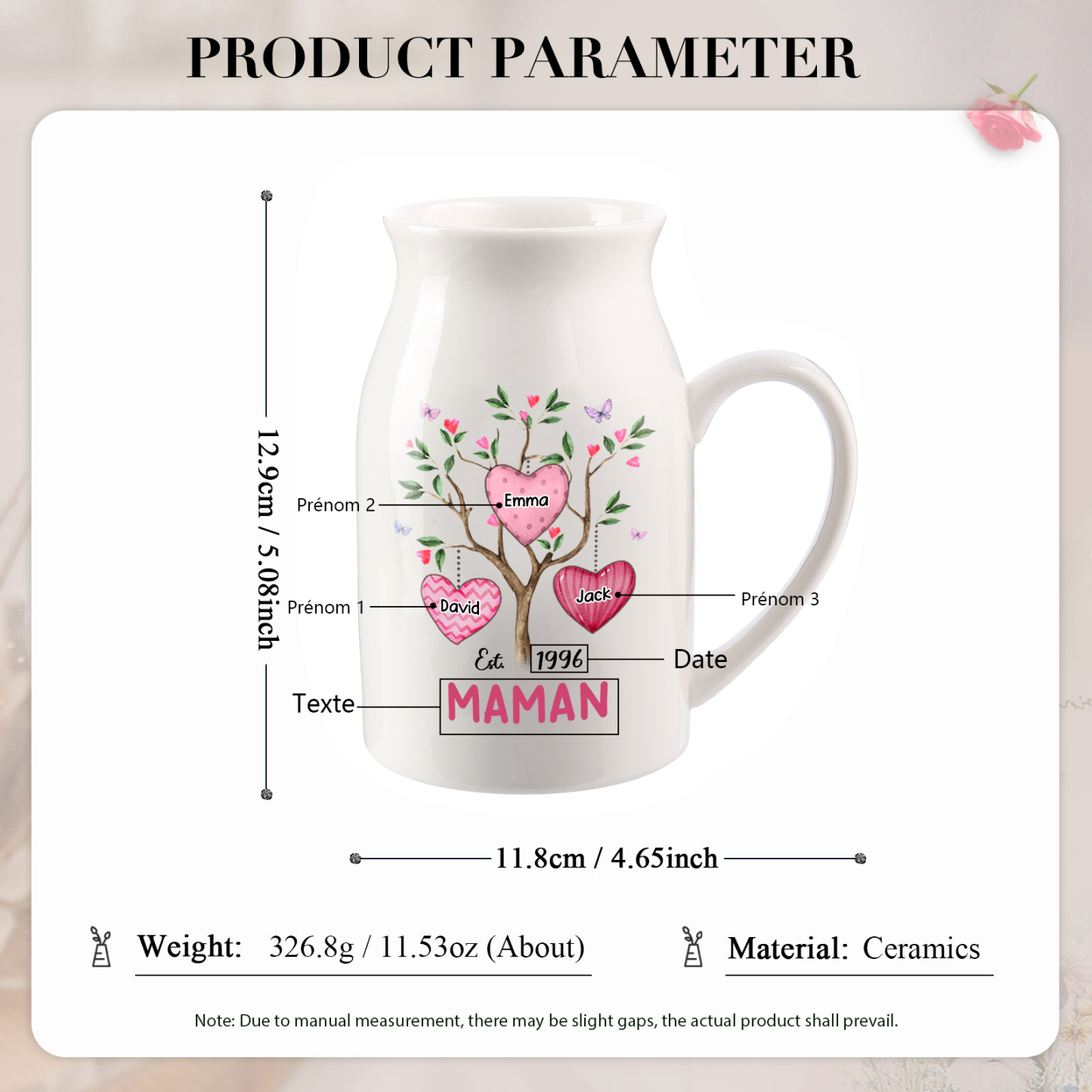 Vase à Fleurs Arbre 3 Prénoms Personnalisés avec Texte et Année Décoration de la Maison