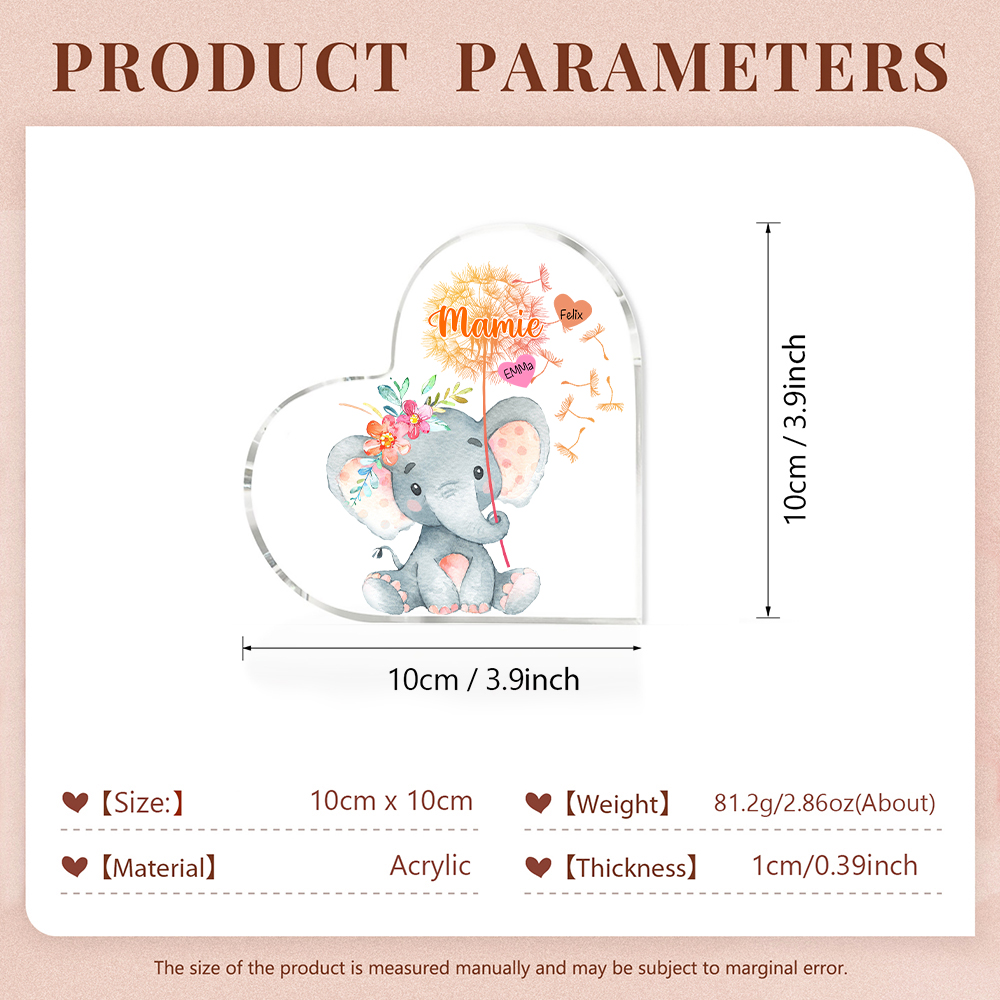 À ma Mamie - Plaque Acrylique Éléphant en Forme de Cœur 2 Prénoms Personnalisés