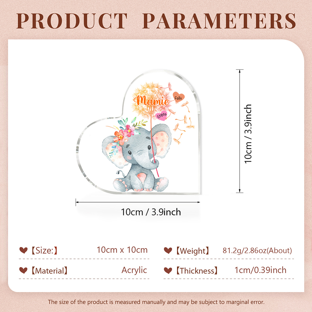 À ma Mamie - Plaque Acrylique Éléphant en Forme de Cœur 2 Prénoms Personnalisés