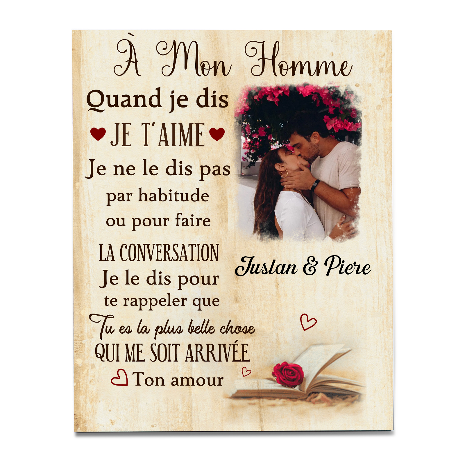 Cadre en Bois 2 Prénoms Personnalisés avec Photo pour Couple Cadeau Saint Valentin