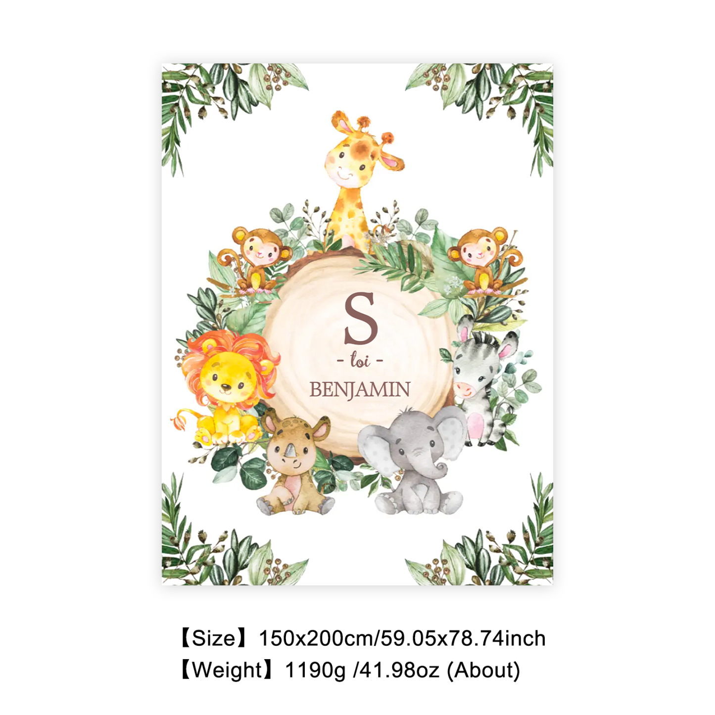 Couverture plaids polaire le monde animal 1 Prénom Personnalisé avec 1 lettre pour enfant