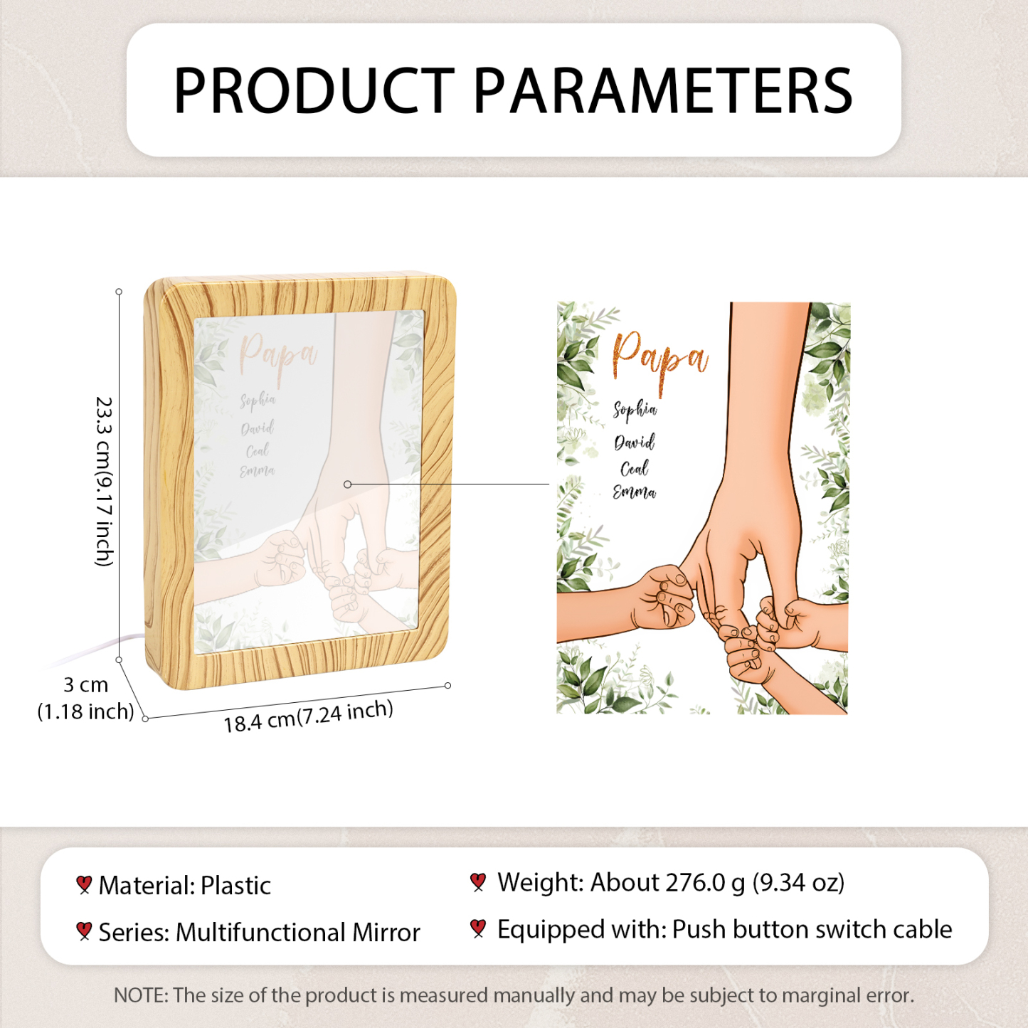 Lampe LED/Cadre Photo/Miroir multifonctionnel la main dans la main 4 Prénoms et 1 Tetxe Personnalisés Cadeau Créatif pour Famille