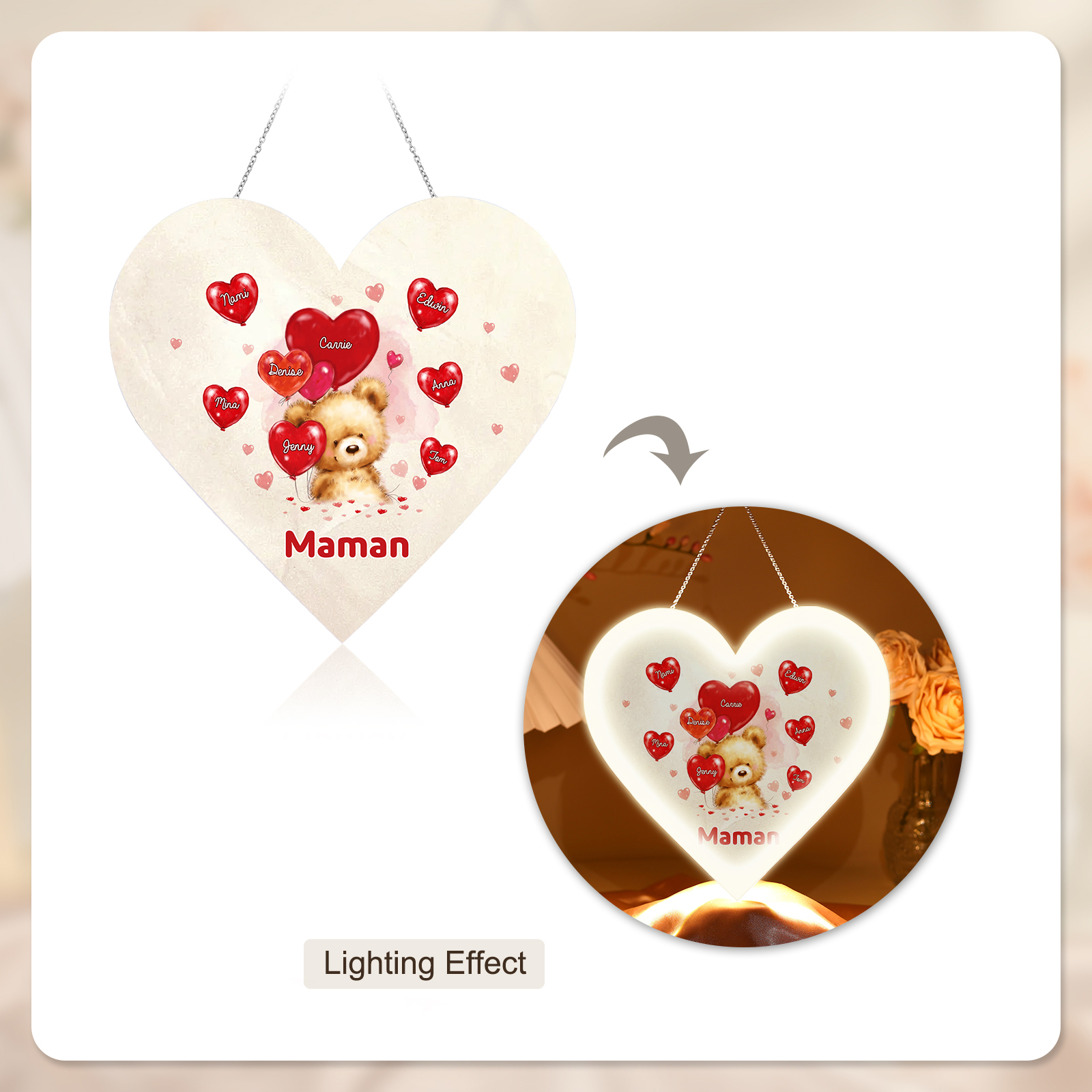 À Maman/Mamie - Veilleuse Cœur Décoration Ours 8 Prénoms Personnalisés avec 1 Texte