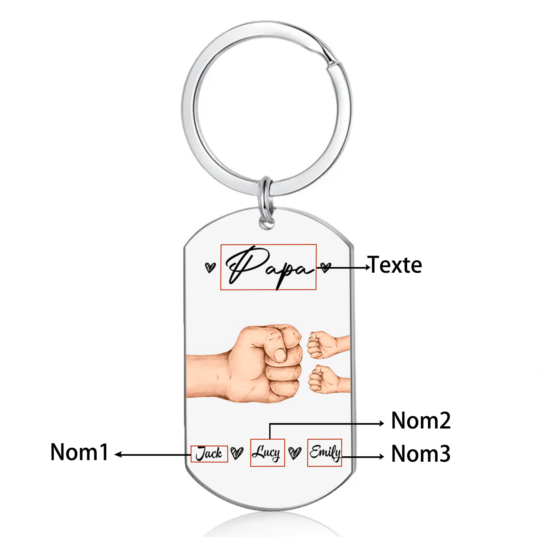 À Papa/Papi - Porte-Clés Poings 3 Prénoms Personnalisés