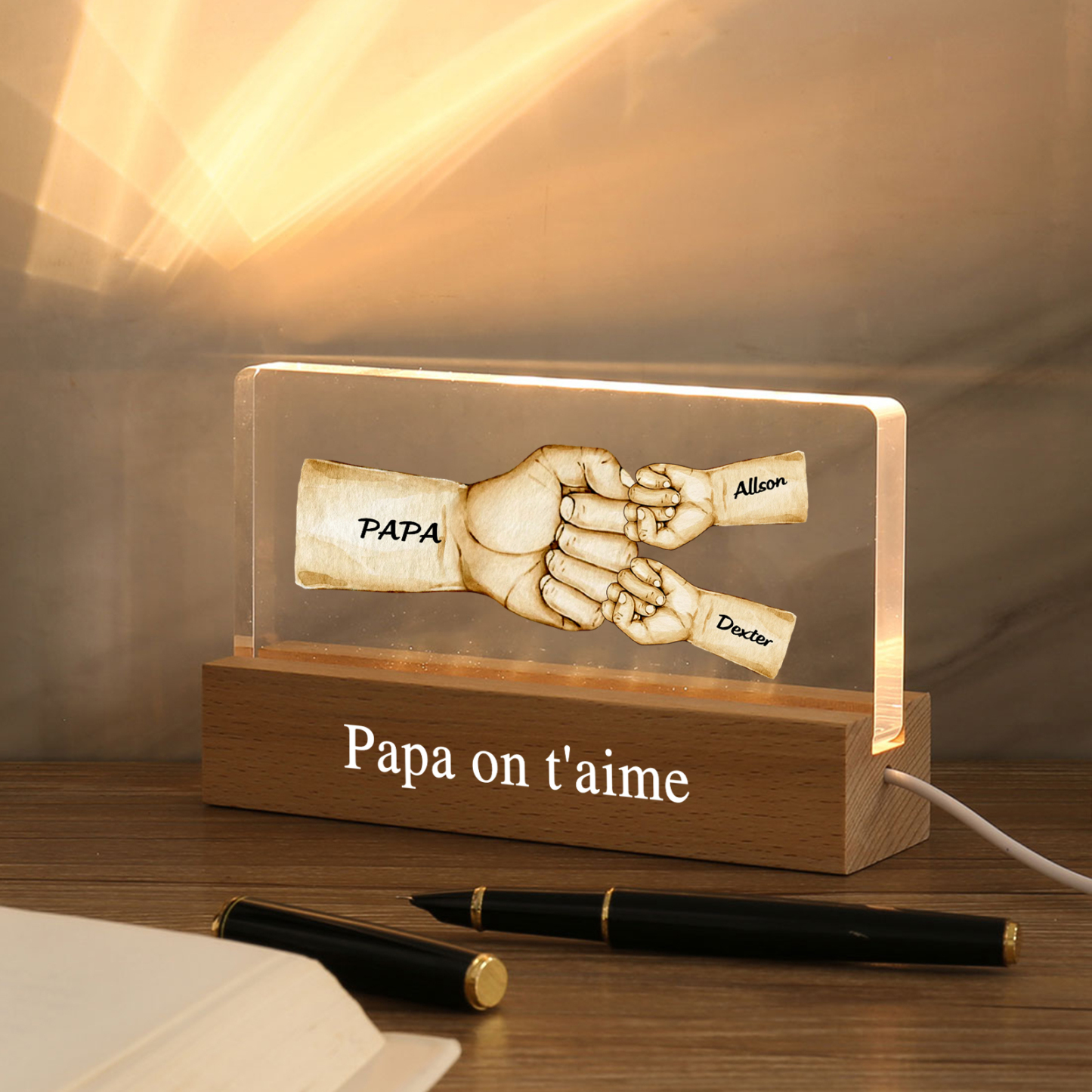 À mon Papa/Papi- Lampe de chevet LED Poings 3 Prénoms Personnalisés avec Texte