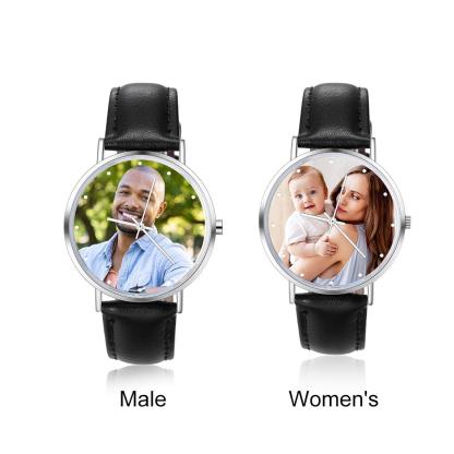 Montre Personnalisée Photo avec Gravure du prénom ou Message Bracelet en Cuir