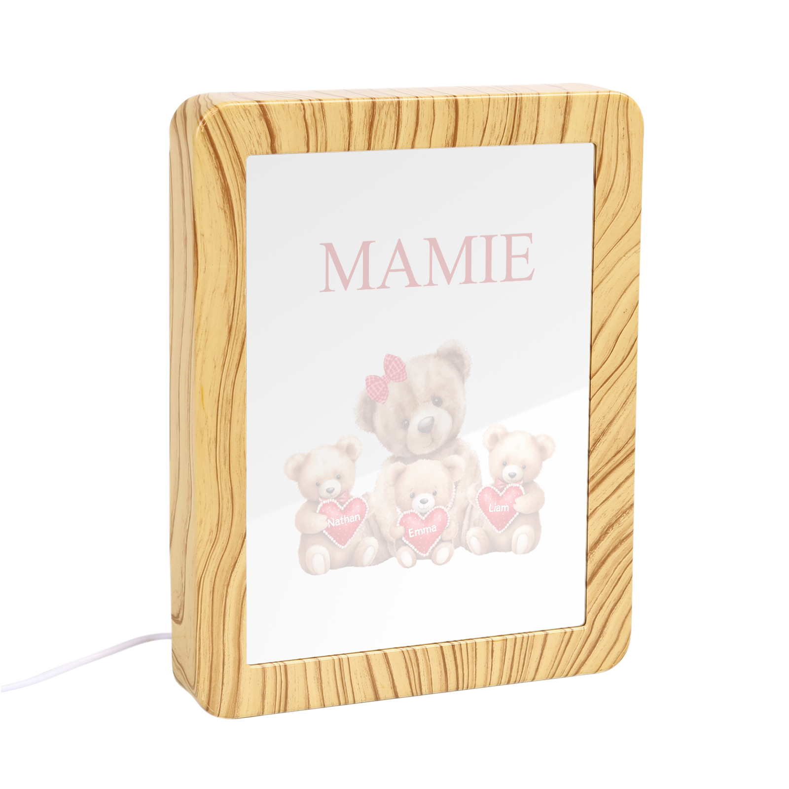 Cadre Photo/Miroir LED Multifonctionnel Ours 3 Prénoms Personnalisés avec Texte pour Famille