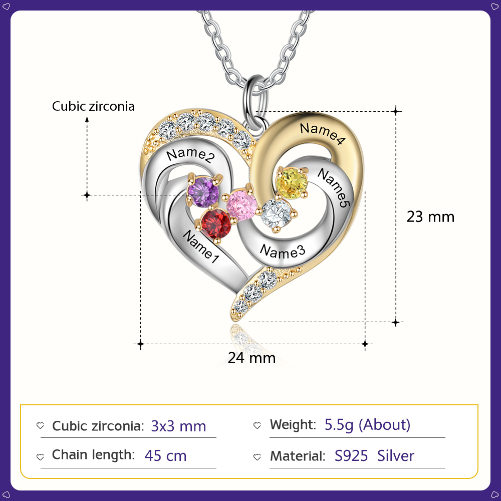 Collier Prénom cœur Argent 925 5 Prénom 5 pierre de naissance