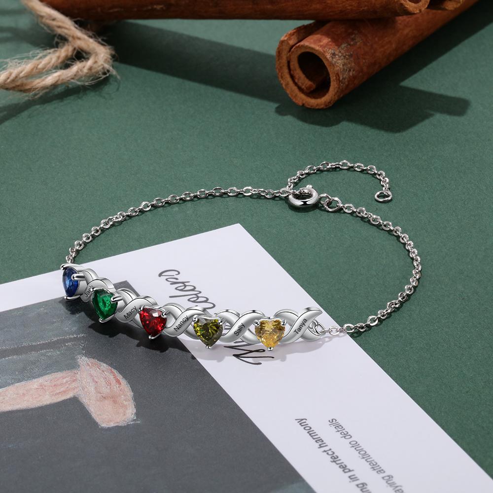 Bracelet à Breloque 5 Prénoms Personnalisés avec 5 Pierres de Naissance