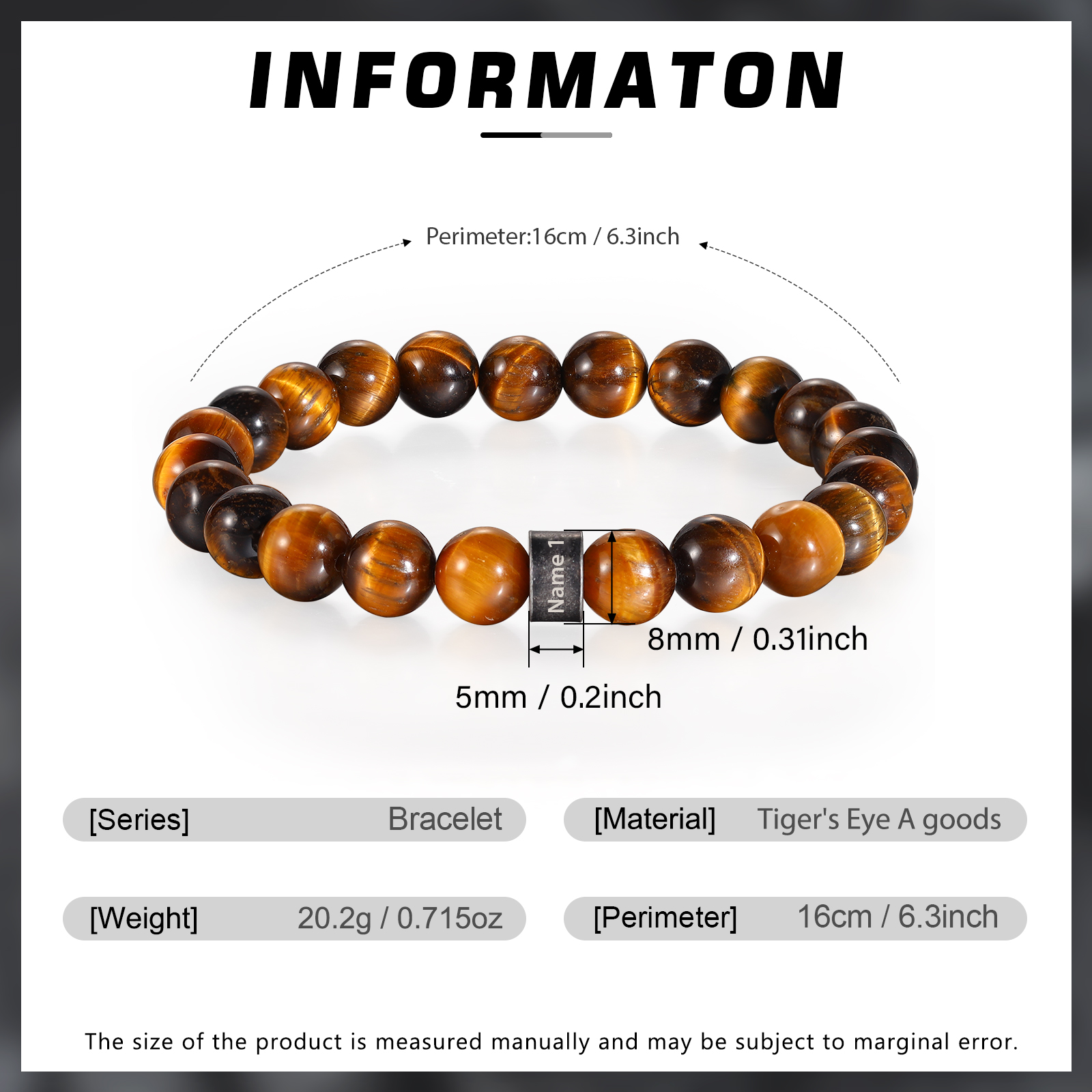 Bracelet d'Oeil de Tigre avec 1 Prénom Personnalisé pour Homme
