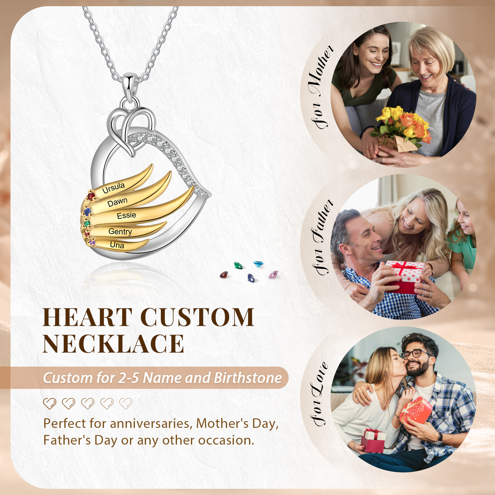 Collier Pendentif Cœur et Ailes Collier Personnalisé avec 5 Prénoms et Pierres de naissance pour Femme|Jessemade