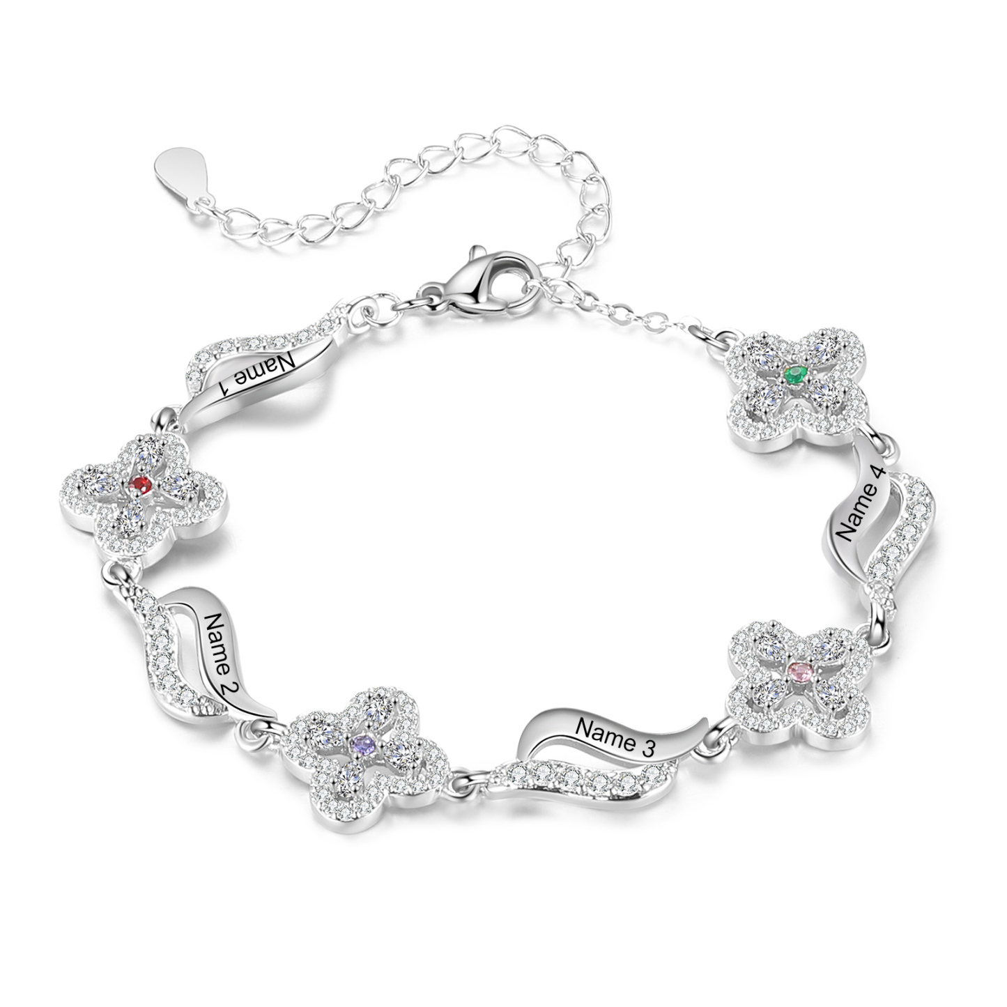 Bracelet Fleurs 4 Prénoms Personnalisés avec 4 Pierres de Naissance pour Femme | Jessemade