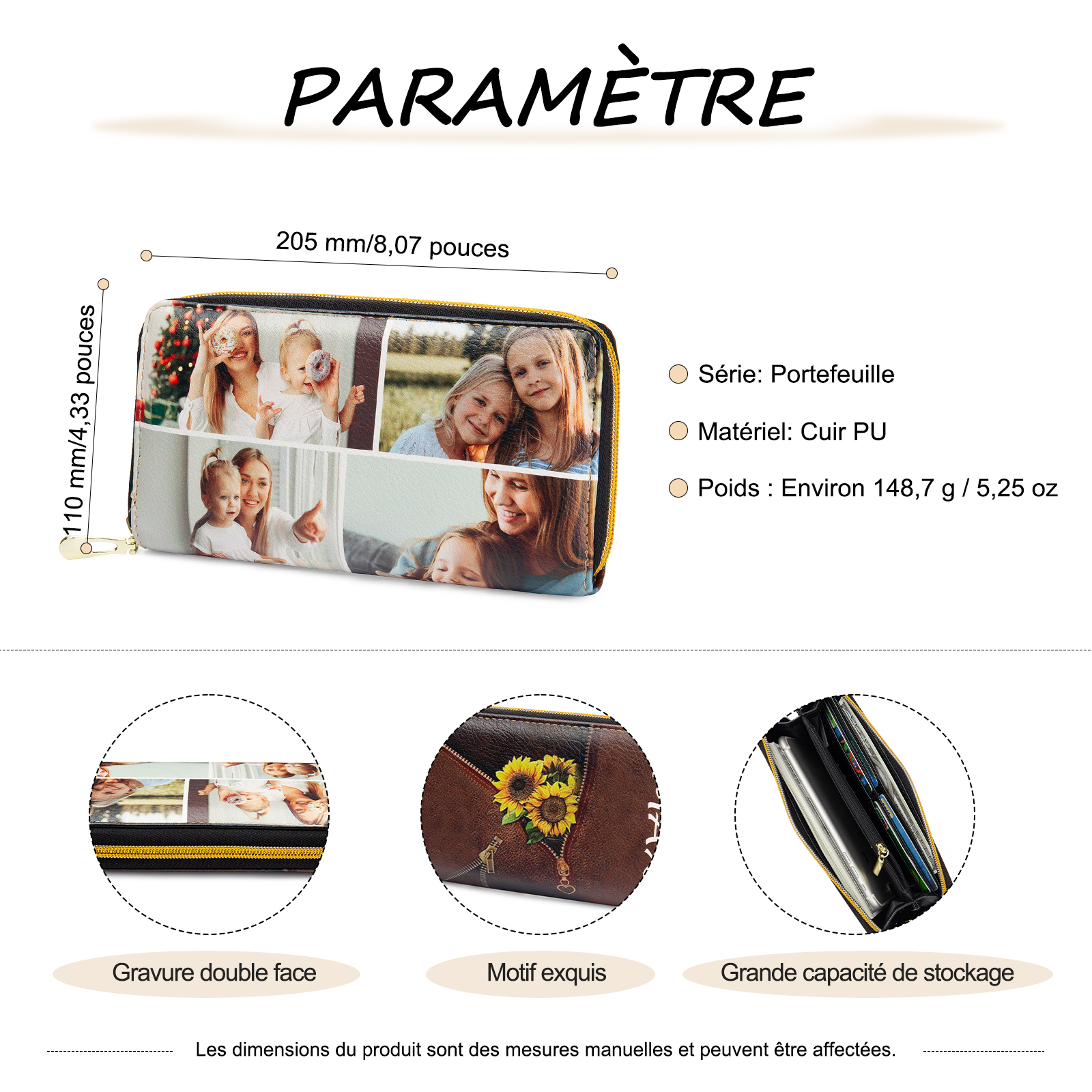 Portefeuille long en cuir PU tournesol 1 Prénom personnalisé avec 4 photo