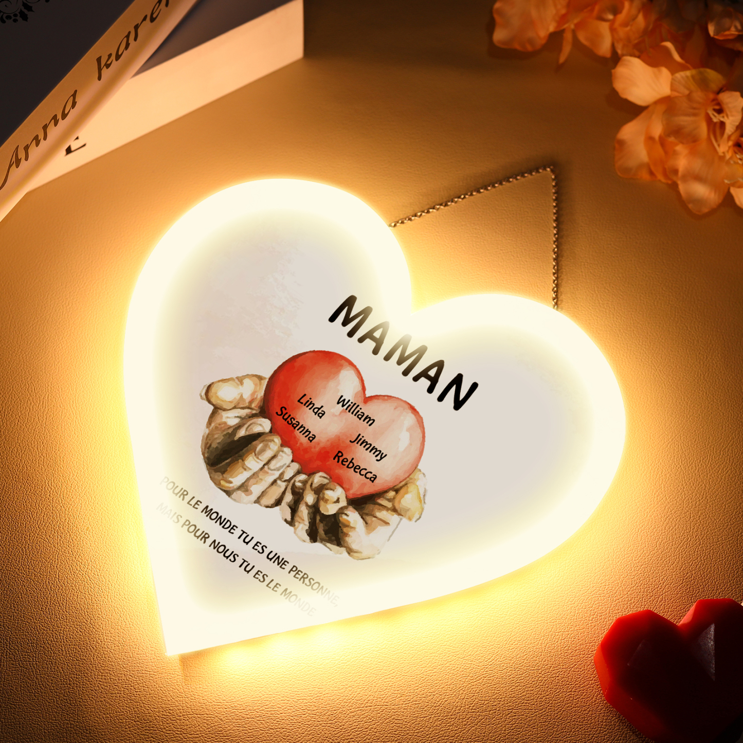À Maman/Mamie - Veilleuse Cœur Décoration Mains et Cœur 5 Prénoms Personnalisés avec 2 Textes