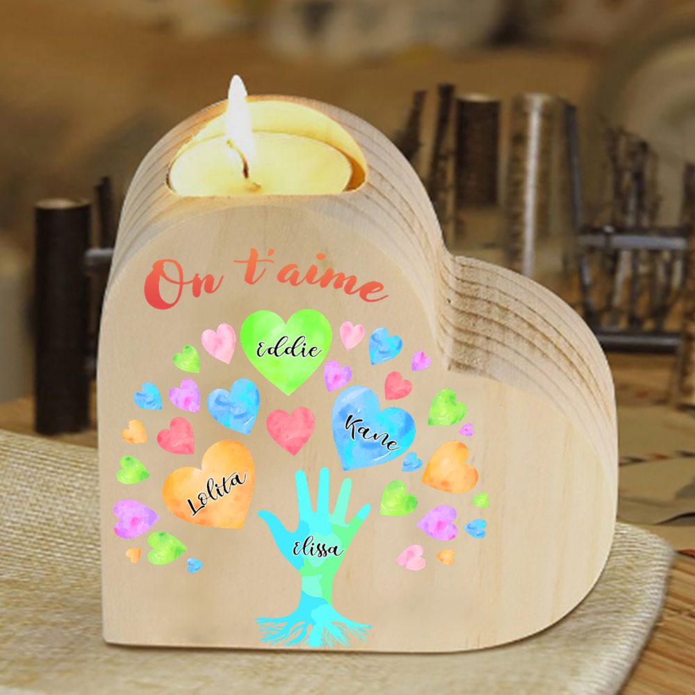 Bougeoir en Bois 4 Prénoms Personnalisés avec Texte sans bougie pour Famille