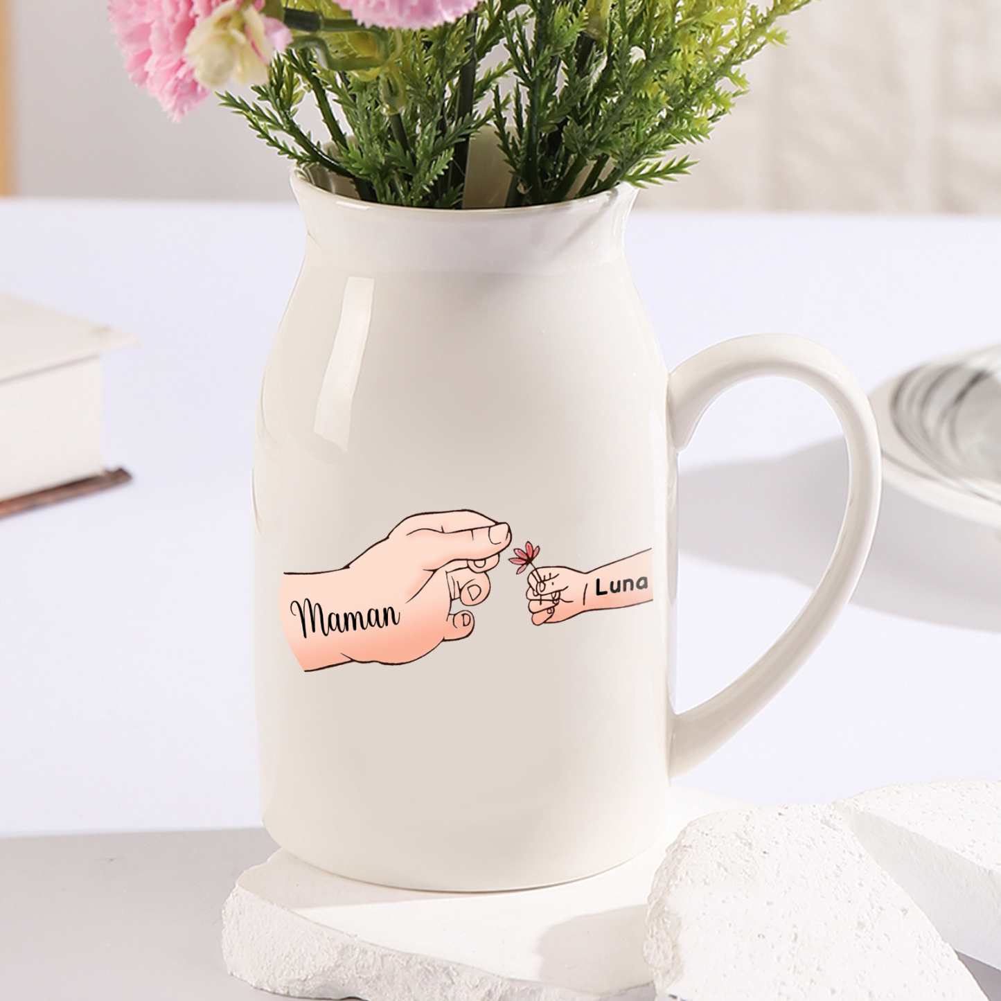 Vase à Fleurs Mains et Enfants 2 Prénoms Personnalisés Décoration de la Maison