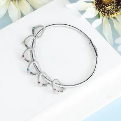 Bracelet Jonc Bracelet Coeur 6 Prénoms Personnalisés avec 6 Pierres de Naissance Argent Or | Jessemade