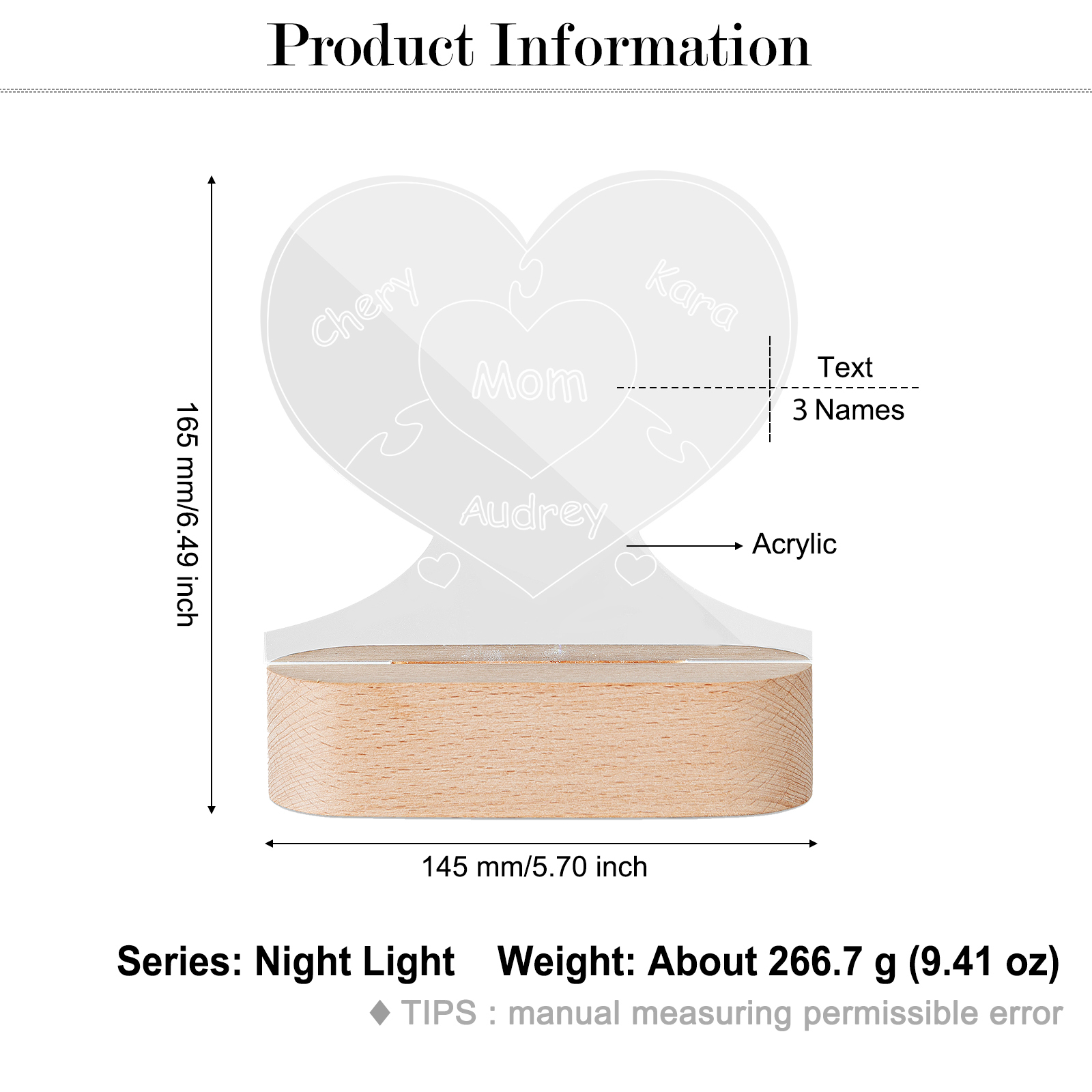 Lampe de chevet Cœur LED Lumières 3 Prénoms et 1 Texte Personnalisés pour Famille