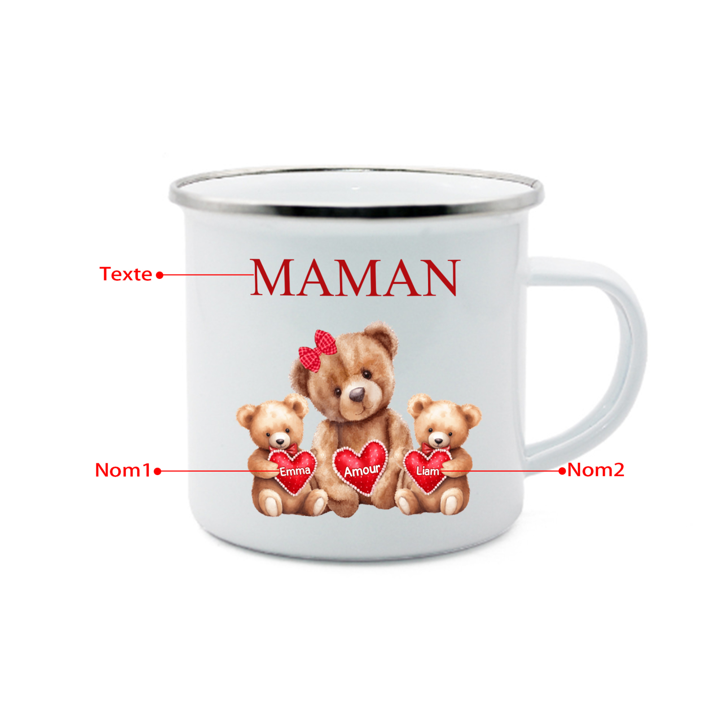 À Maman/Mamie - Tasse émaillée Ours 2 Prénoms Personnalisés