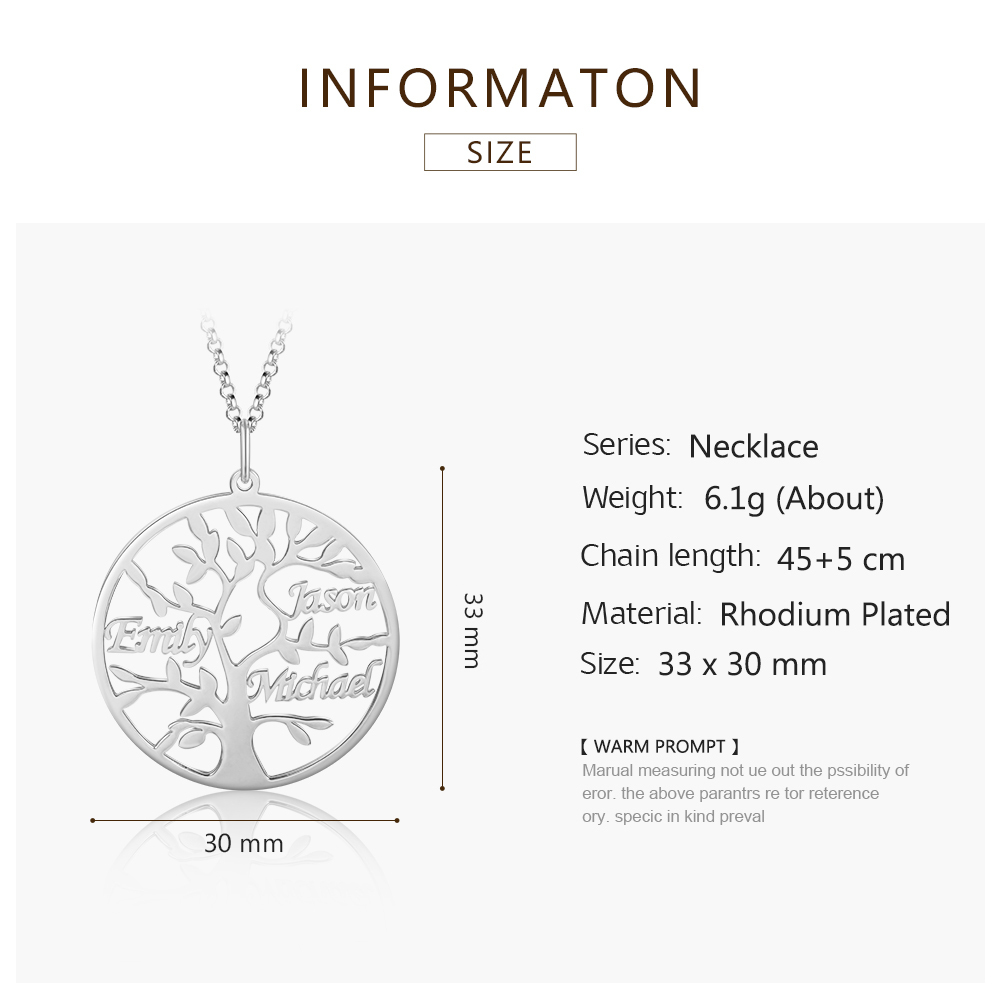 Collier Argent Arbre de vie Arbre généalogique 3 prenoms