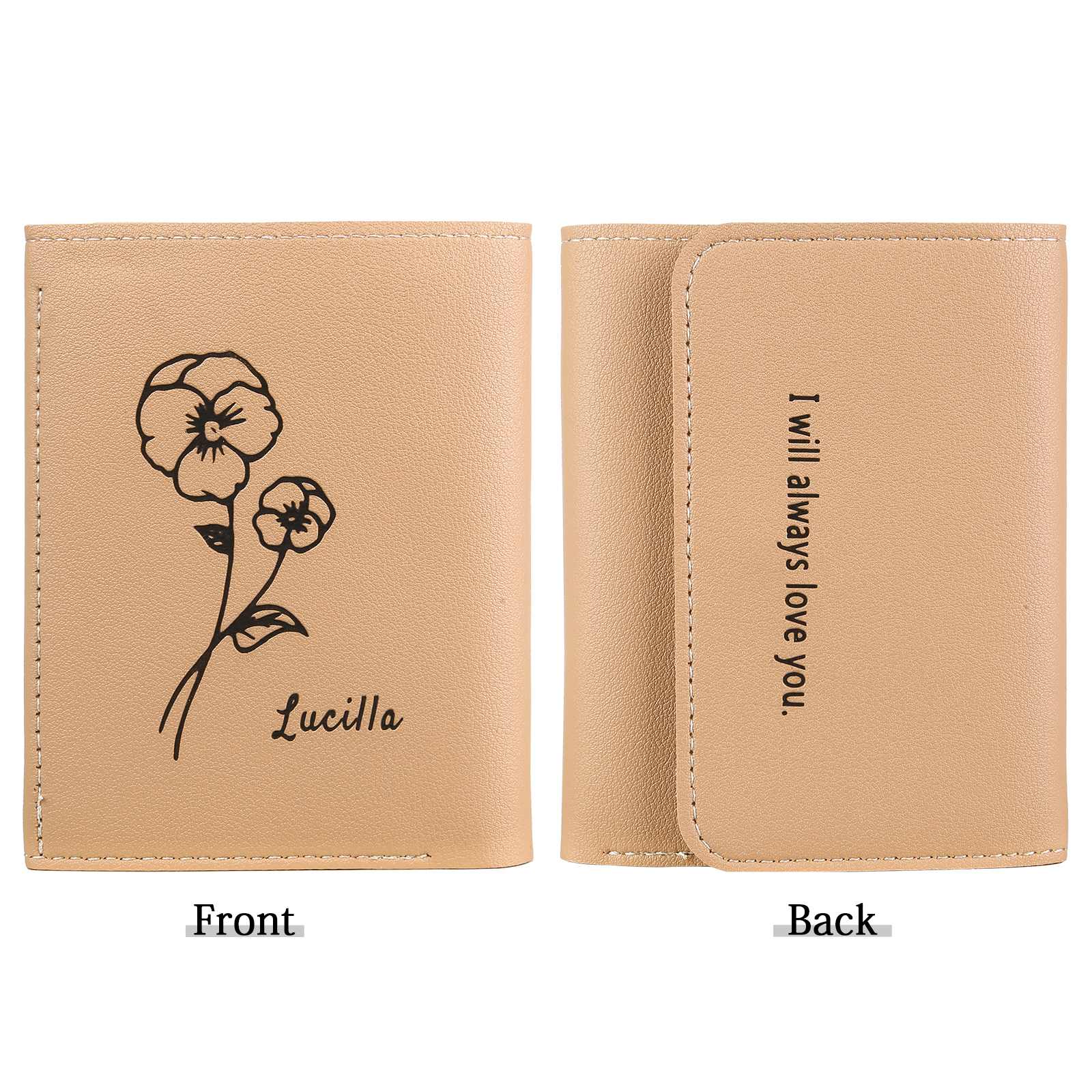 Portefeuille Femme Prénom et Texte Personnalisés avec Fleurs de naissance Porte-Monnaie Carte