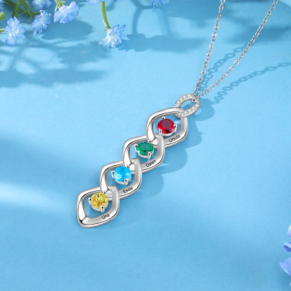 Collier Pendentif 4 Prénoms Personnalisés avec Pierre de naissance pour Femmes