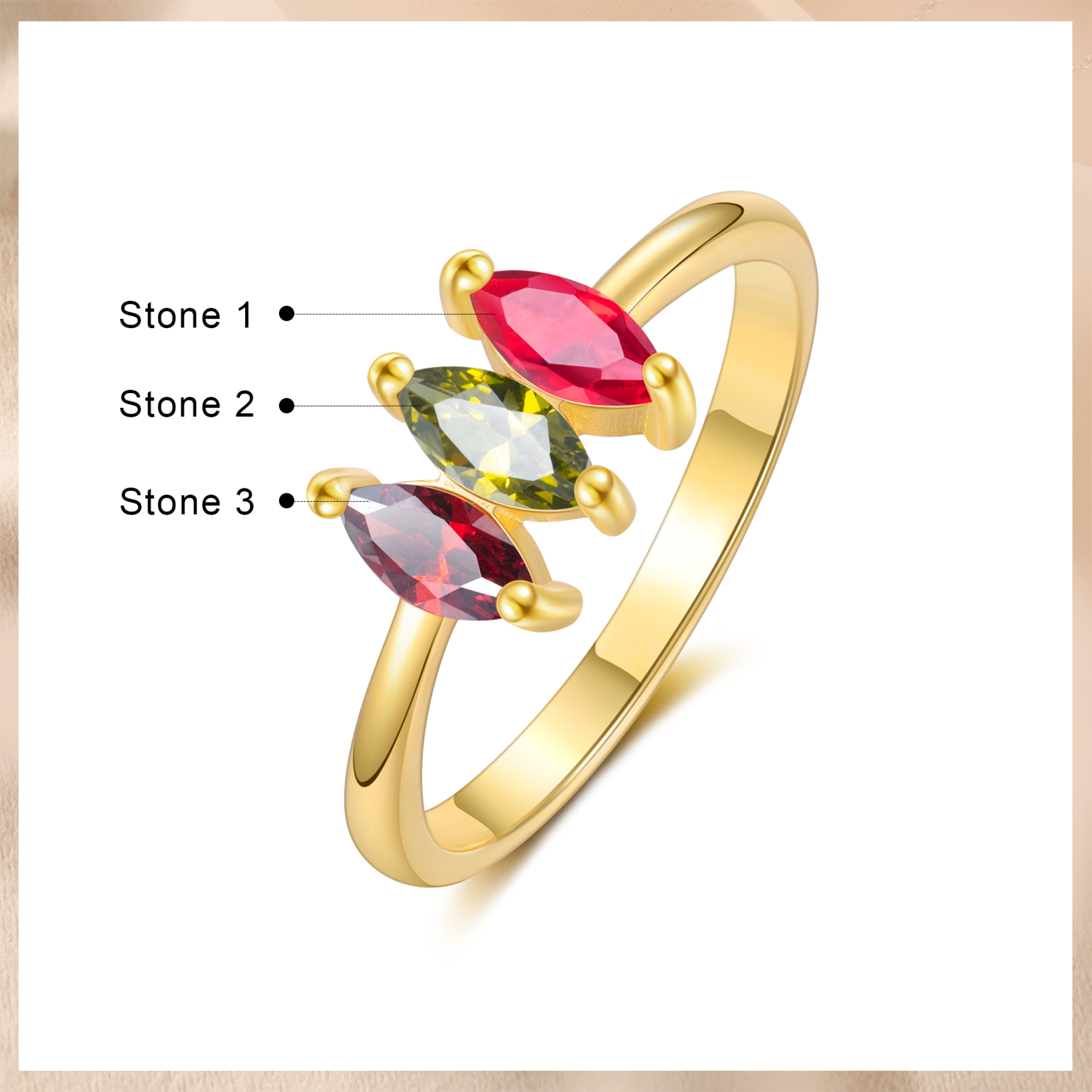 Bague Femmes 3 Pierres de Naissance Personnalisés