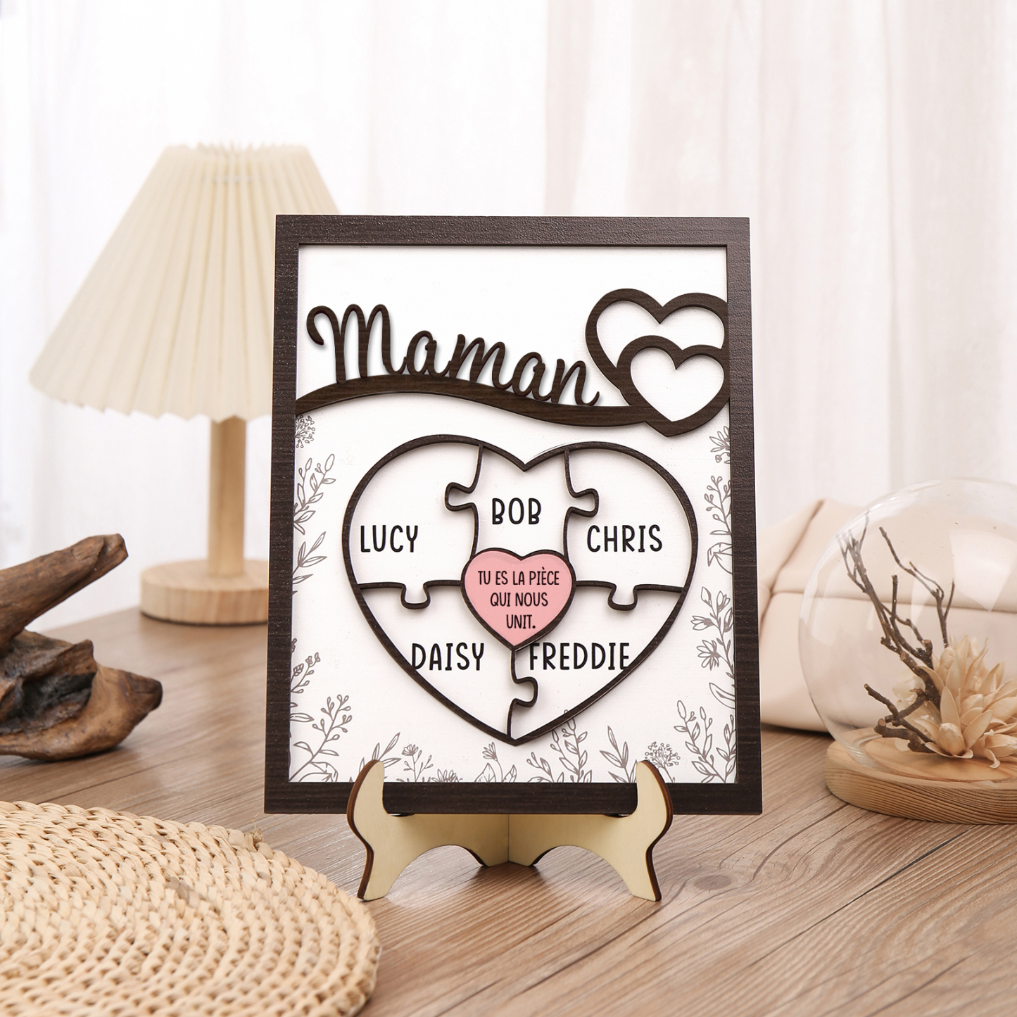 À ma Maman - Décoration en bois Cœur et Puzzle 5 Prénoms Personnalisés Ornement pour Famille