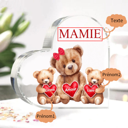 À ma Maman/Mamie - Plaque Acrylique Ours en Forme de Cœur 2 Prénoms Personnalisés avec 1 Texte