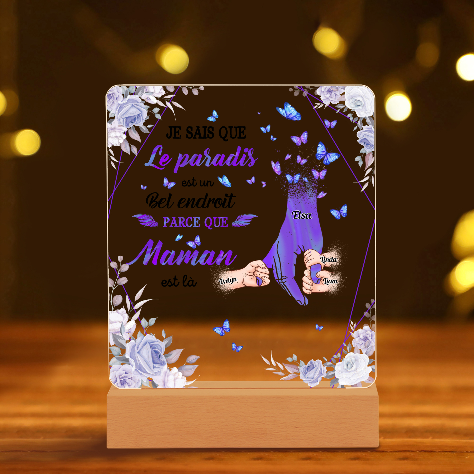 À Maman/Papa - Lampe de chevet LED Commémorative 4 Prénoms Personnalisés avec 1 Texte Lampe de chevet la main dans la main