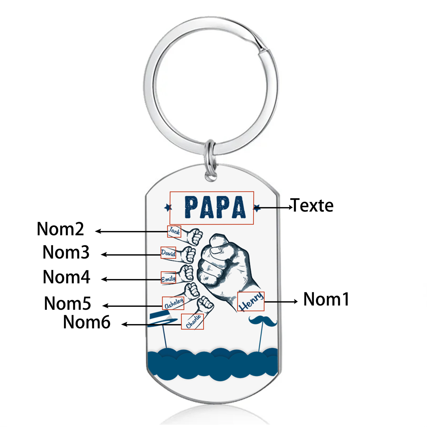 À Papa/Papi - Porte-Clés Poings 6 Prénoms Personnalisés